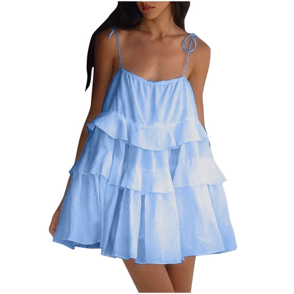 Hxshgdsn Women Summer Beach Dress Sleeveless Adjustable Spaghetti Strap Scoop Neck Ruffle Hem Backless Babydoll Flowy Mini Dress,Blue,M