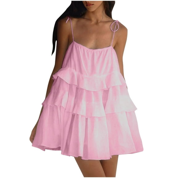 Hxshgdsn Women Summer Beach Dress Sleeveless Adjustable Spaghetti Strap Scoop Neck Ruffle Hem Backless Babydoll Flowy Mini Dress,Pink,S
