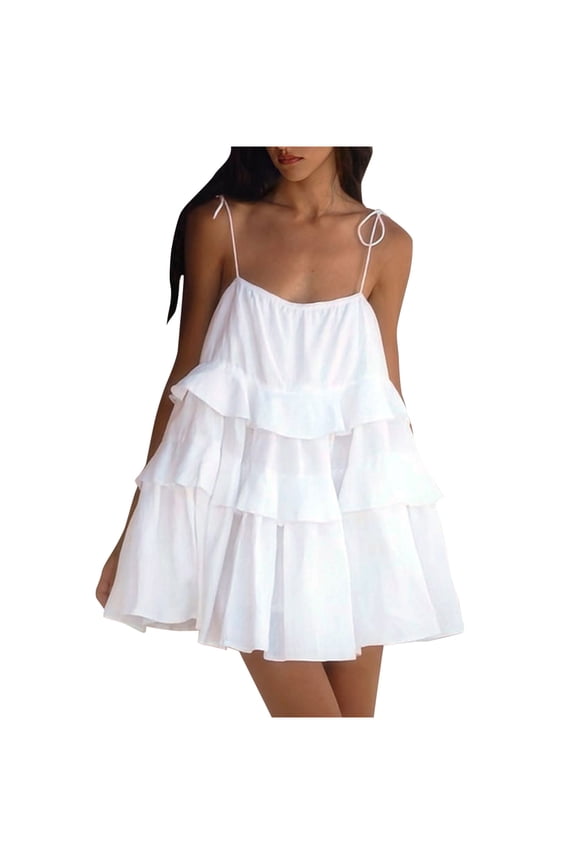 Women Summer Beach Dress Sleeveless Adjustable Spaghetti Strap Scoop Neck Ruffle Hem Backless Babydoll Flowy Mini Dress,White,L