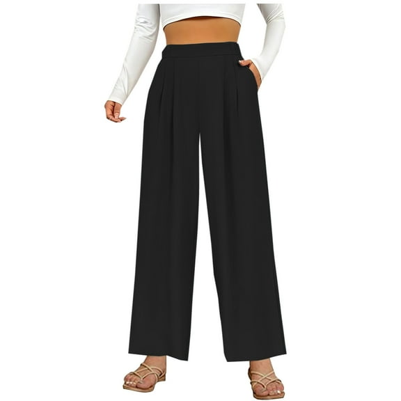 Hxshgdsn Women plus size Pants Straight Wide Leg Casual Loose Elastic Waist Cargo Pants Comfy Athletic Trouser with Pockets,Black,2XL