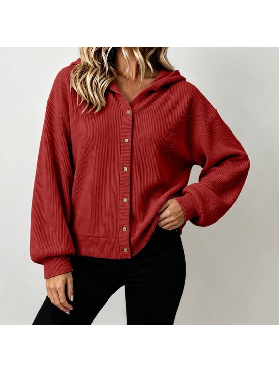 Women's Hooded Snap-Front Pullover, Long Sleeve Warm Sweatshirt, Solid Color Winter Casual Top(Red/S)