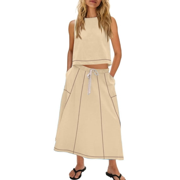 Hxshgdsn Womens 2 Piece Outfit Sleeveless Tank Top Maxi Skirt Set with Drawstring Casual Summer Sets(Beige/M)