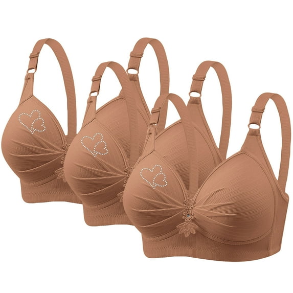 Hxshgdsn Womens 3PC Plus Size Bras Embroidered Full Coverage Push Up Minimizer Bras Wirefree Padded Comfortable Underwear No Rims Sports Bras,Khaki,46B