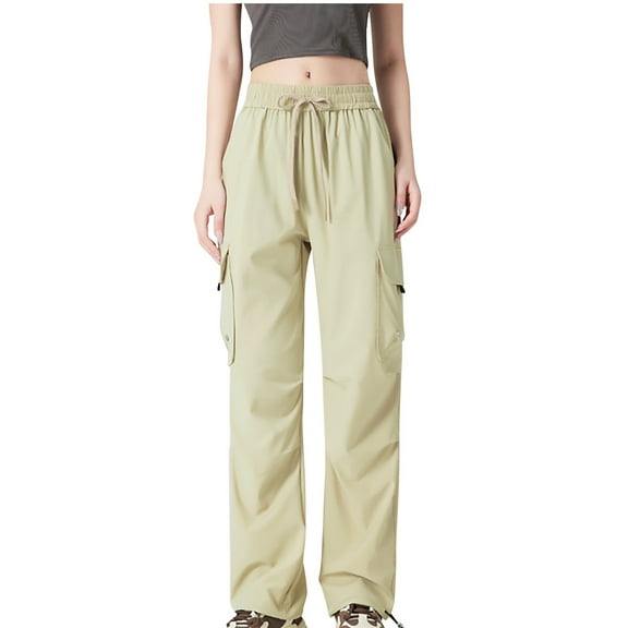 Hxshgdsn Womens Baggy Cargo Pants Wide Leg Drawstring High Waist Sweatpants With Multi Pockets Casual Streetwear Khaki Xs