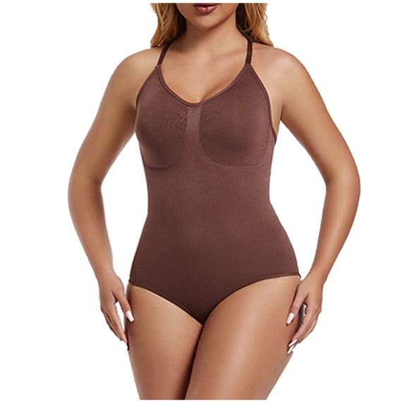Hxshgdsn Womens Basic Cami Bodysuit Stretchy Slim Fit Solid Color Jumpsuit Shapewear(Brown/3XL)