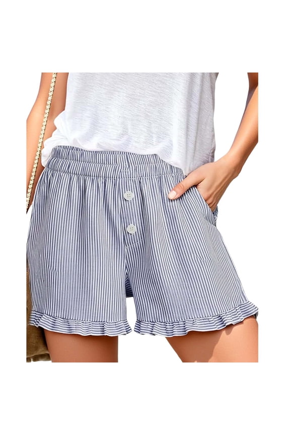 Womens Boxer Shorts with Pocket Ruffle Summer Crop Pants Sleep Striped Casual Pajamas Beach Casual Sportwear(Blue/2XL)