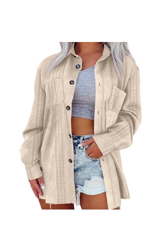 Womens Cable Knitting Cardigans Sweaters Button Down Lapel Jackets With Pockets Khaki L