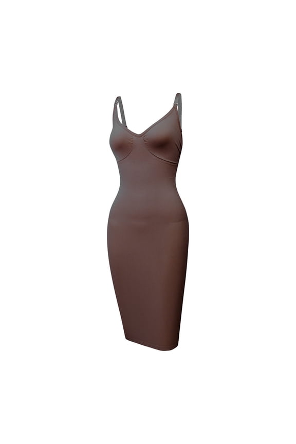 Womens Cami Midi Body Shaper Dress Stretchy Slim Fit Business Workwear(Brown/2XL)