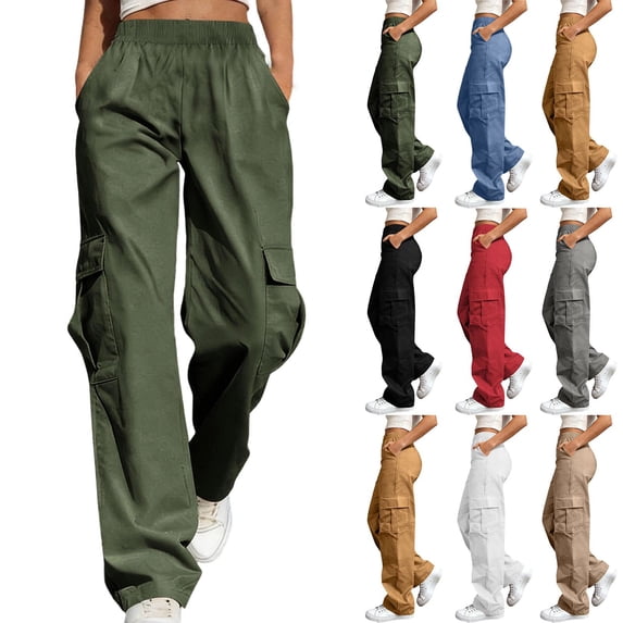 Hxshgdsn Womens Cargo Sweatpants High Waist Straight Leg Outdoor Casual Pants with Pocket Hiking Workout Wear(Army Green/L)