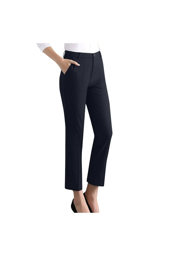 Womens Casual Business Pants Stretchy Pull On High Waist Straight Leg Work Office Long Pants with Pockets,Navy 2,XL