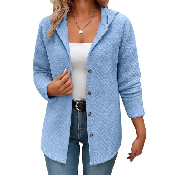 Hxshgdsn Womens Casual Plaid Texture Cardigans With Hood Open Front Button Jackets Fall Knit Outerwear Blue L