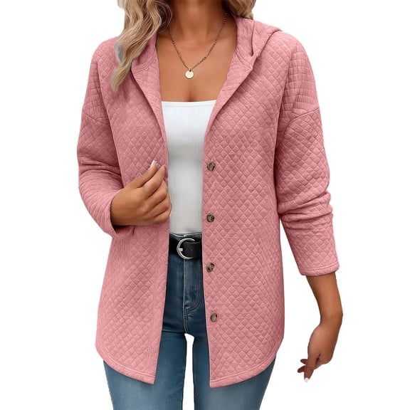 Hxshgdsn Womens Casual Plaid Texture Cardigans With Hood Open Front Button Jackets Fall Knit Outerwear Pink L