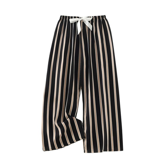 Hxshgdsn Womens Cotton Wide Leg Pants Strip Casual Loose Drawstring High Elastic Waisted Tie Flowy Beach Workout Pants with Pockets,Black,Free Size