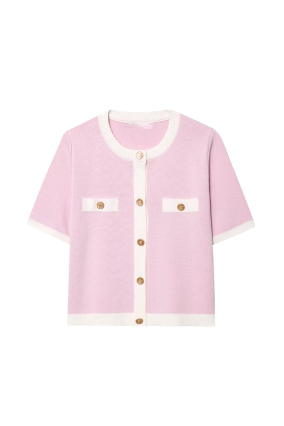 Womens Crew Neck Cardigan Sweaters Trendy Color Block Button Down Short Sleeve Jacket Soft Casual Tops Pink S