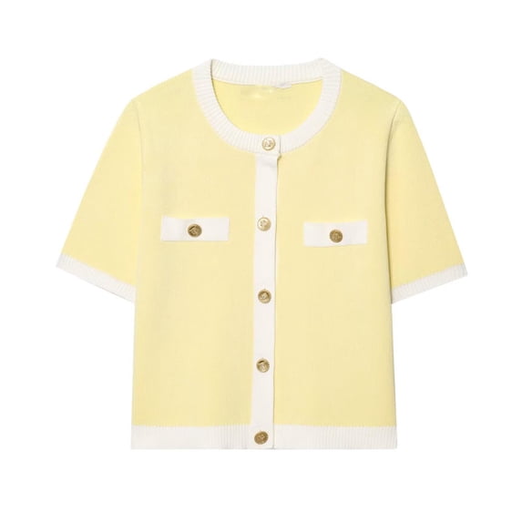 Hxshgdsn Womens Crew Neck Cardigan Sweaters Trendy Color Block Button Down Short Sleeve Jacket Soft Casual Tops Yellow L