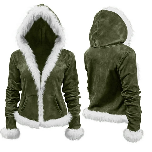 Hxshgdsn Womens Cropped Cardigans With Hoodies Fleece Faux Fur Trim Warm Jacket Coat With Pocket Army Green L