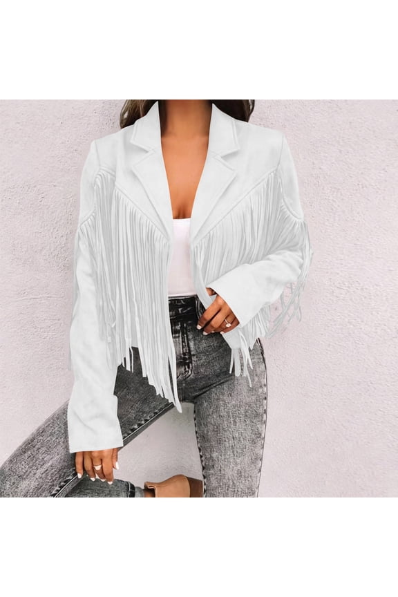 Womens Cropped Jacket Western Fringe Notched Lapel Open Front Long Sleeve Loose Fit Suede Outerwear for Country Style Party Daily Streetwear(White/M)