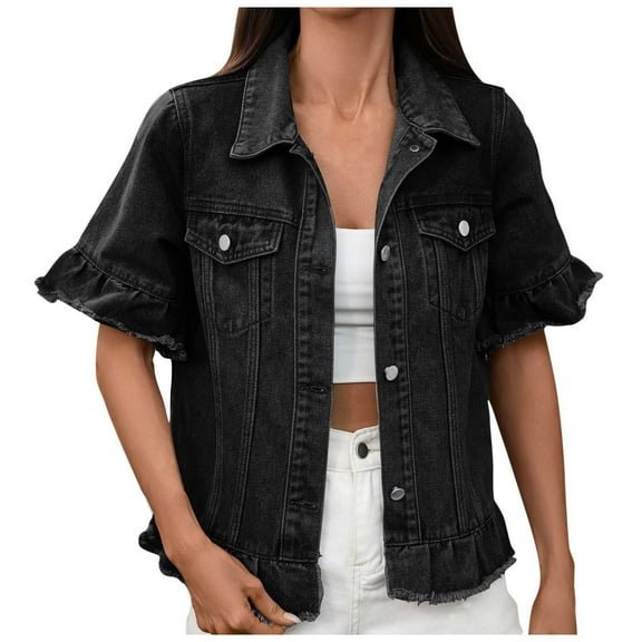 Hxshgdsn Womens Denim Jackets Short Sleeve Casual Trendy Turndown Collar Tops Solid Color Outwear Coat Black L
