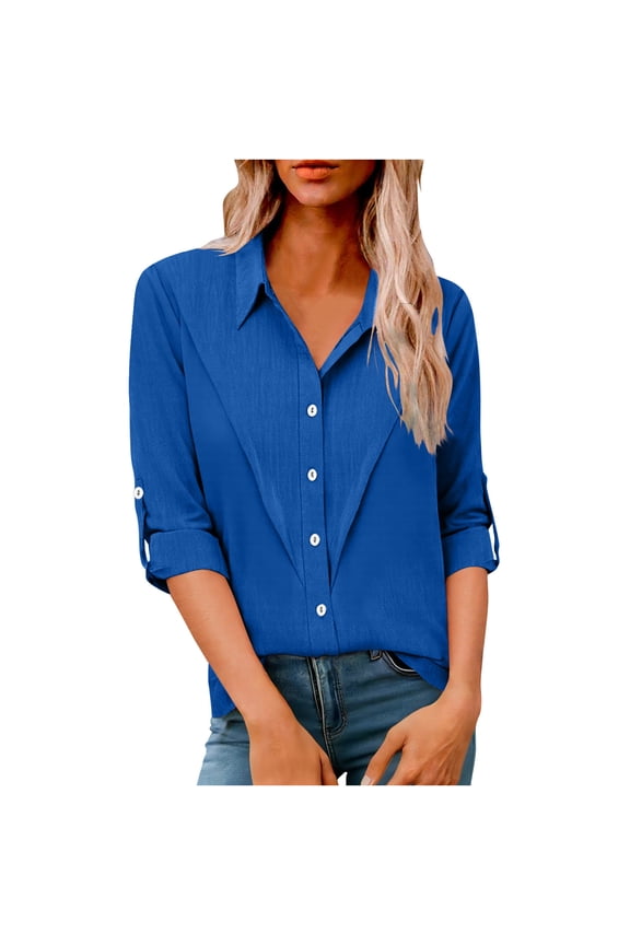 Womens Dressy Blouse Lapel Button Down Spring Long Sleeve Business Tees(Deep Blue/L)