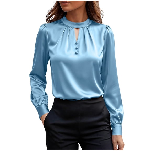 Hxshgdsn Womens Dressy Blouse Satin Silk Business Casual Pleated Front Long Sleeve Tops Work Shirt Fall Outfits Blue 2Xl