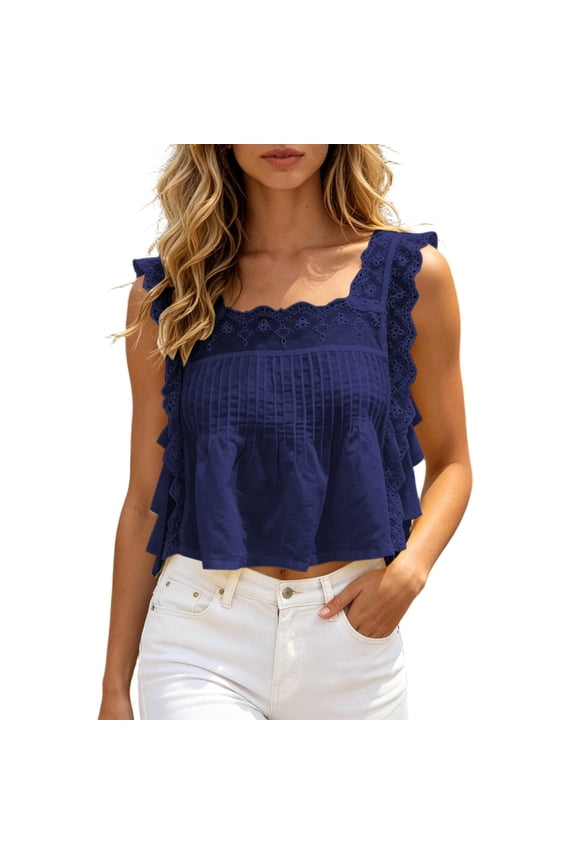 Womens Eyelet Lace Tank Tops Square Neck Sleeveless Ruffle Trim Cropped Casual Tees Summer Crop Blouse(Navy/L)