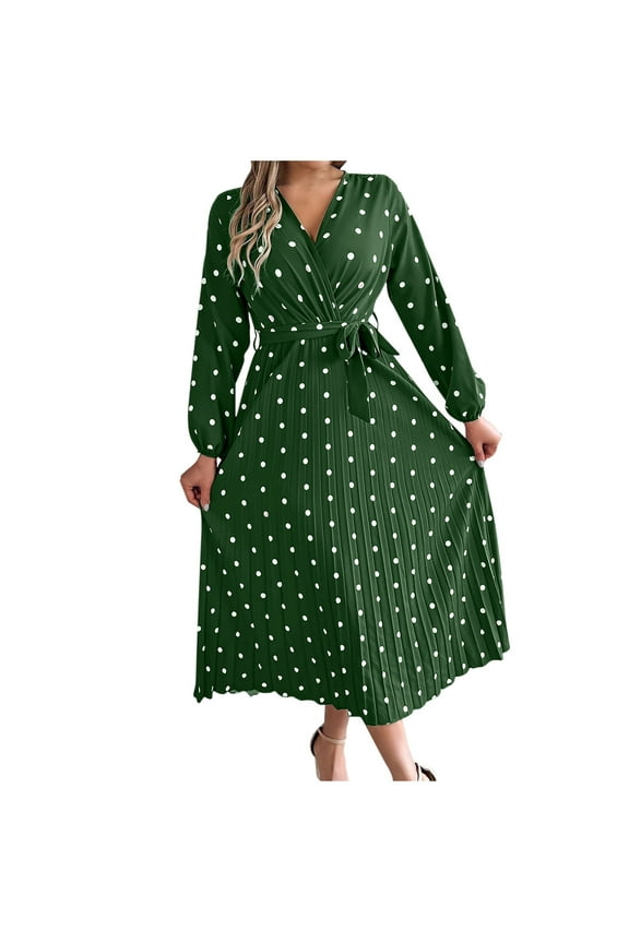 Womens Fall Long Sleeve Casual Dresses Wrap V Neck Polka Dots Pleated A Line Flowy Midi Dress with Belt,Green,S