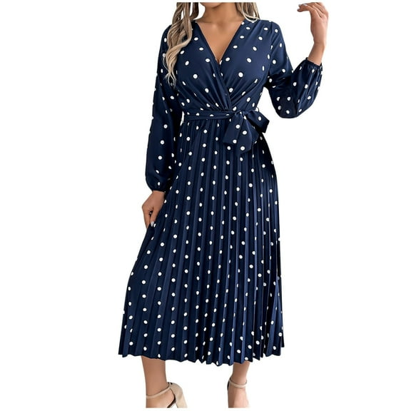 Hxshgdsn Womens Fall Long Sleeve Casual Dresses Wrap V Neck Polka Dots Pleated A Line Flowy Midi Dress with Belt,Navy,S