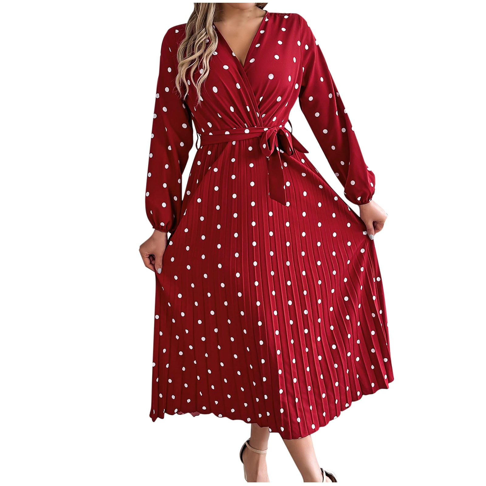 Elegant Polka Dot Cross-Over V-Neck Pleated Midi Dress S / Red Elegant Polka Dot Cross-Over V-Neck Pleated Midi Dress S / Red