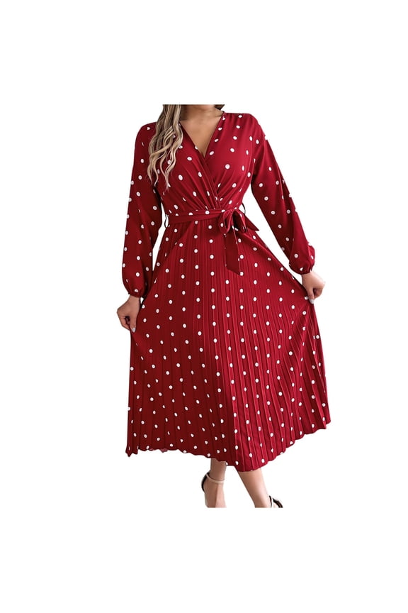 Womens Fall Long Sleeve Casual Dresses Wrap V Neck Polka Dots Pleated A Line Flowy Midi Dress with Belt,Red,S
