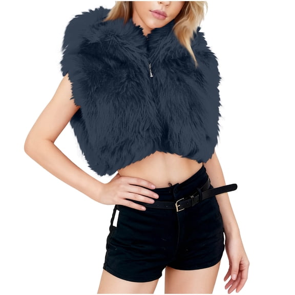 Hxshgdsn Womens Faux Fur Shrugs Jacket Trendy Lapel Sleeveless Full Zipper Crop Cardigans Vest Y17K Navy S