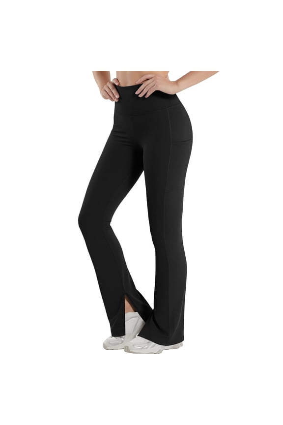 Womens Flare Split Hem Leggings Workout Gym Yoga Pants Spring Summer Slim Fit(Black/2XL)