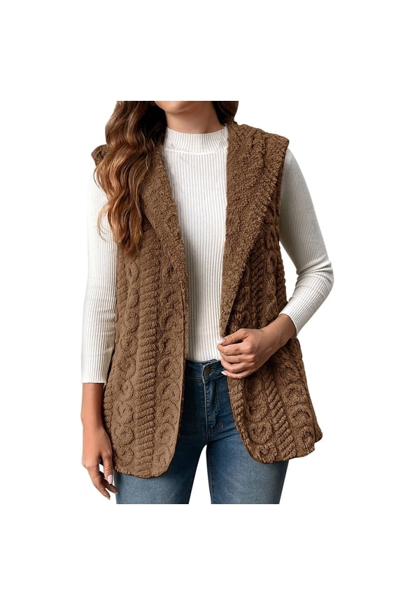 Womens Fuzzy Fleece Crochet Vest With Hooded Sleeveless Warm Soft Cardigan Brown Xl
