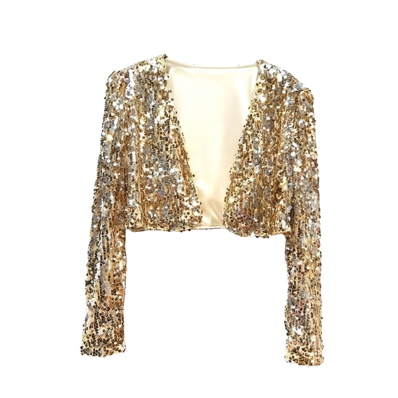 Hxshgdsn Womens Glitter Cropped Blazer Bolero Shrug Shiny Sequin Long Sleeve Tops Dance Party Gold L