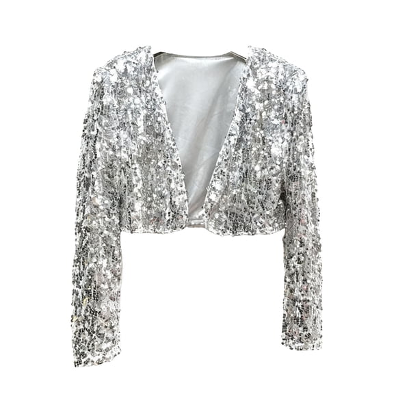 Hxshgdsn Womens Glitter Cropped Blazer Bolero Shrug Shiny Sequin Long Sleeve Tops Dance Party Silver M