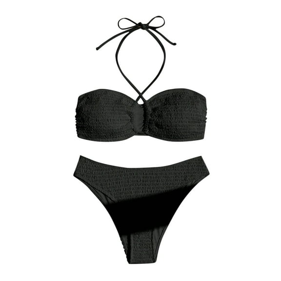 Hxshgdsn Womens High Waist Bikini Set With Padded Front Cross Strapless Swimsuit 2Piece Swimwear Black L