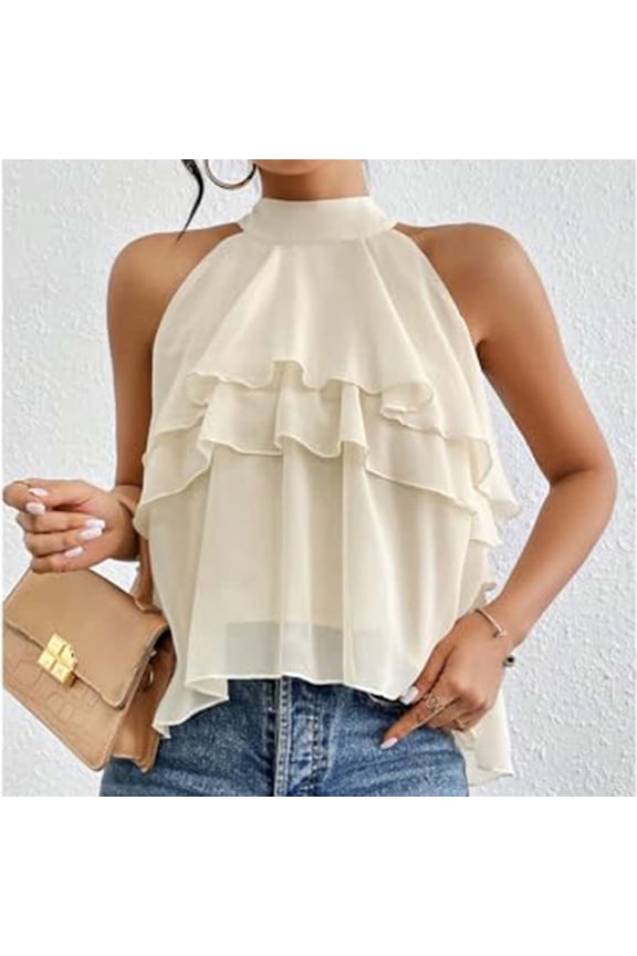 Womens Layered Ruffle Hem Tank Tops Sleeveless Halter Blouse For Ladies Party Vacation Beige S