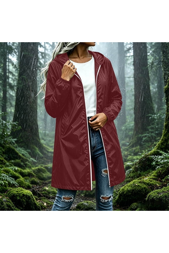 Womens Long Rain Coat Waterproof with Hood Lightweight Packable Jacket with Pouch for Summer Hiking Camping Travel(Wine/S)
