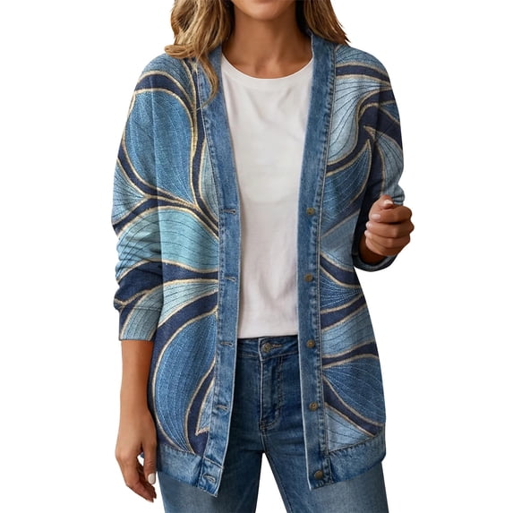 Hxshgdsn Womens Long Sleeve Printed Cardigan Open Front Casual Jacket with Denim Trim for Daily Wear(Multicolor/L)