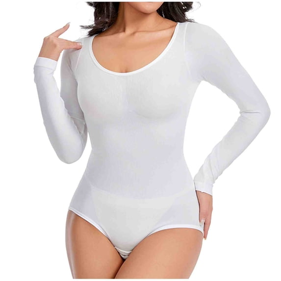 Hxshgdsn Womens Long Sleeve Round Neck Bodysuit, Stretchy Slim Fit One Piece(White/XL)