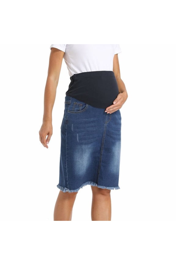 Womens Maternity Casual Jean Skirt With Pockets Hem High Waist Fake Denim Pregnancy Clothes Blue Xl