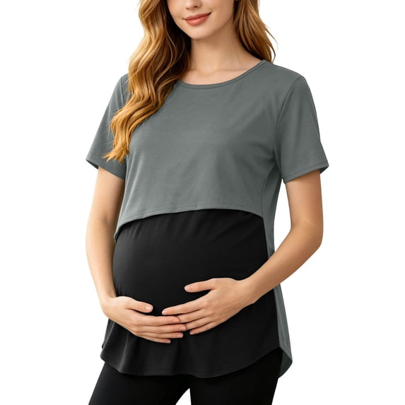 Hxshgdsn Womens Maternity Double Layer Nursing Top Short Sleeve Patchwork Round Neck for Breastfeeding(Gray/4XL)