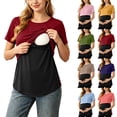 thumbnail image 1 of Hxshgdsn Womens Maternity Double Layer Nursing Top Short Sleeve Patchwork Round Neck for Breastfeeding（Wine/L）, 1 of 10