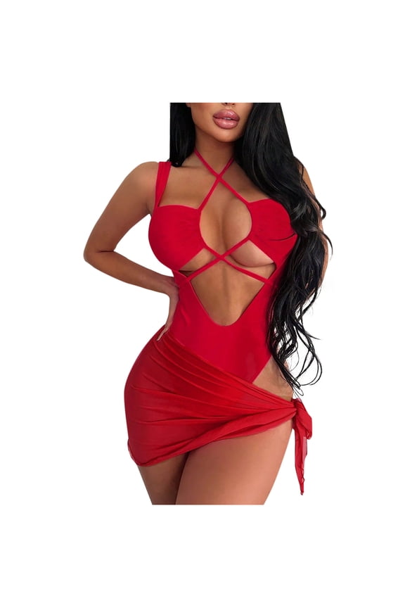 Womens One Piece Swimsuit With Strapped String Cut Out Monokini Outfit Cheeky Bathing Suit Gift For Girlfriend Red M