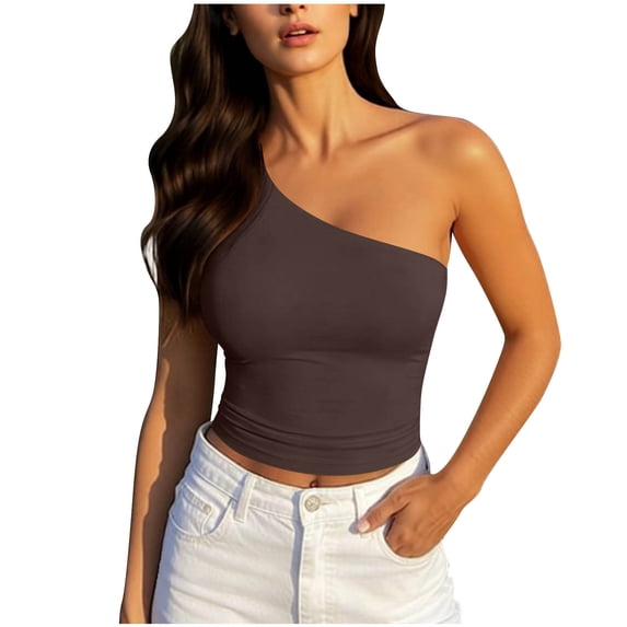 Hxshgdsn Womens One Shoulder Tank Top with Built in Bra Solid Color Casual Crop Top(Brown/L)