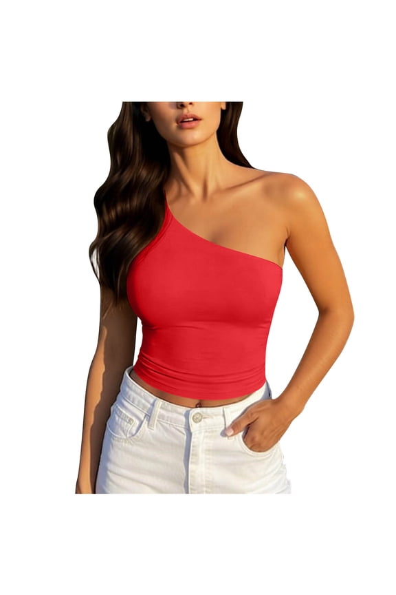 Womens One Shoulder Tank Top with Built in Bra Solid Color Casual Crop Top(Red/S)