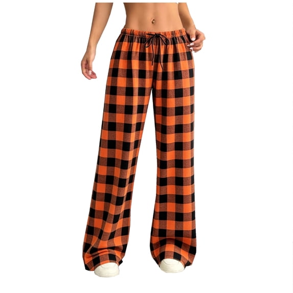 Hxshgdsn Womens Plaid Pajamas Pants Elastic High Waist Drawstring Straight Leg Long Pant with Pocket(Orange/2XL)