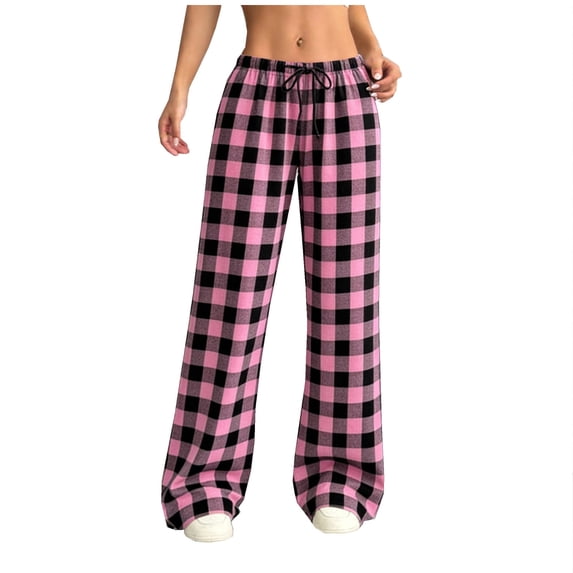Hxshgdsn Womens Plaid Pajamas Pants Elastic High Waist Drawstring Straight Leg Long Pant with Pocket(Pink/S)