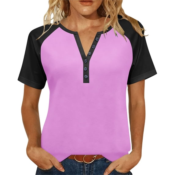 Hxshgdsn Womens Plus Size Shirts Raglan Short Sleeve Quarter Button V Neck Trendy Pullover Tops(Pink/2XL)