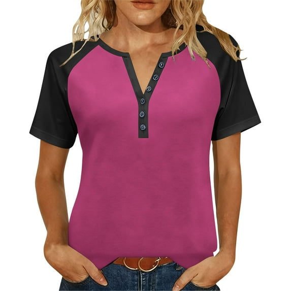 Hxshgdsn Womens Plus Size Shirts Raglan Short Sleeve Quarter Button V Neck Trendy Pullover Tops(Wine/XL)
