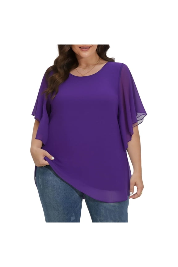 Womens Plus Size T Shirts Flutter 3/4 Sleeve Pullover Loose Fit Tees(Purple/2XL)
